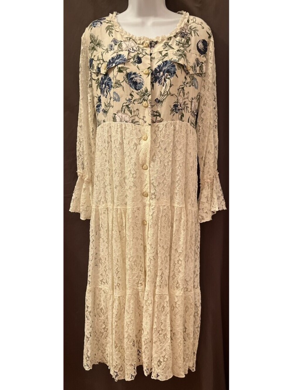 VTG Yen Club Cottage Hippie Peasant Floral Cotton Lace Babydoll Maxi Dress M/L